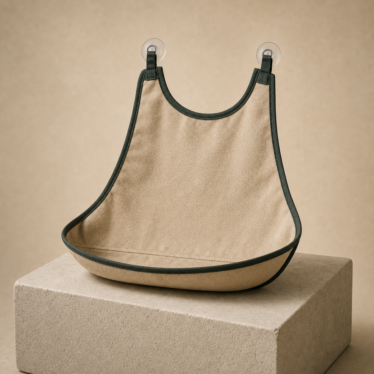 Beard bib displayed as a grooming containment textile.