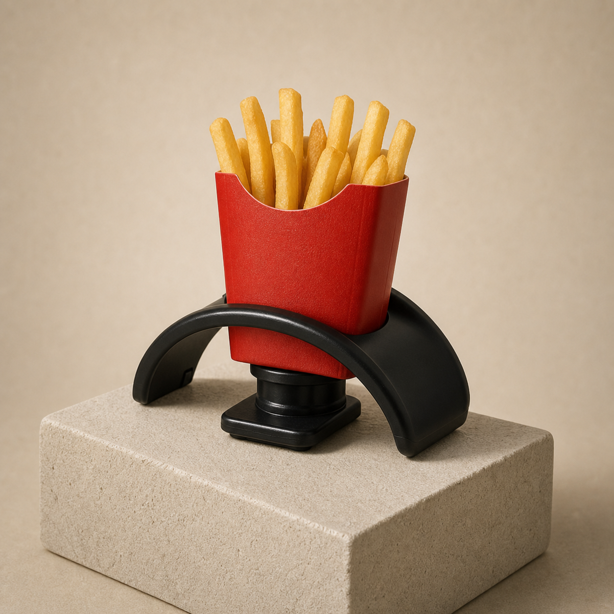 Car fry holder presented as a commuter dining tool.