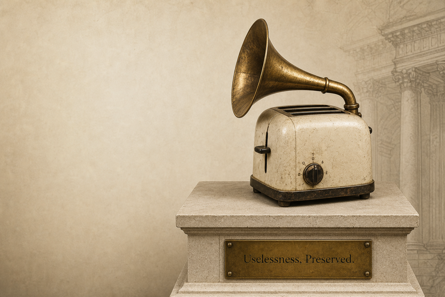 Vintage cream toaster with a brass gramophone horn on a museum plinth marked Uselessness, Preserved.