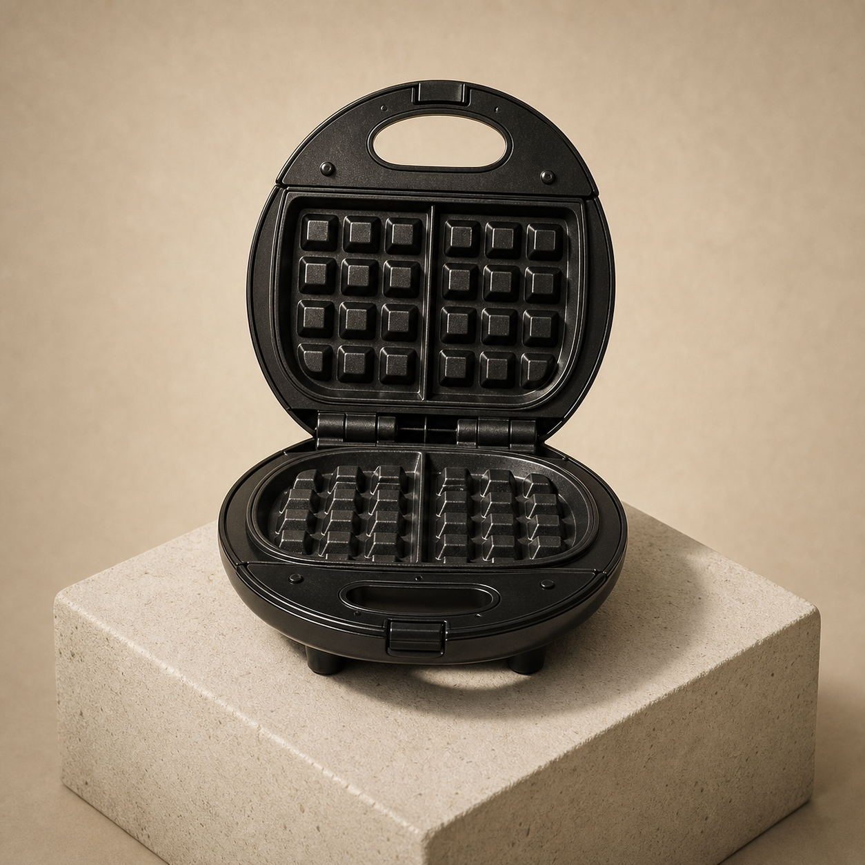 Keyboard-shaped waffle iron displayed as a breakfast artifact.