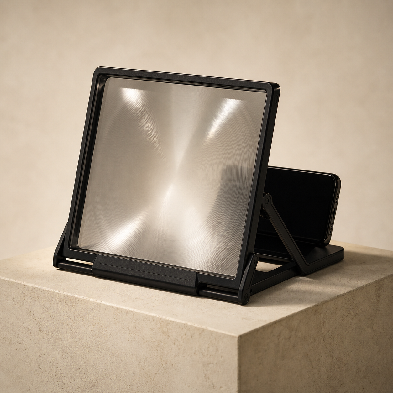 Phone screen magnifier displayed on a museum plinth.