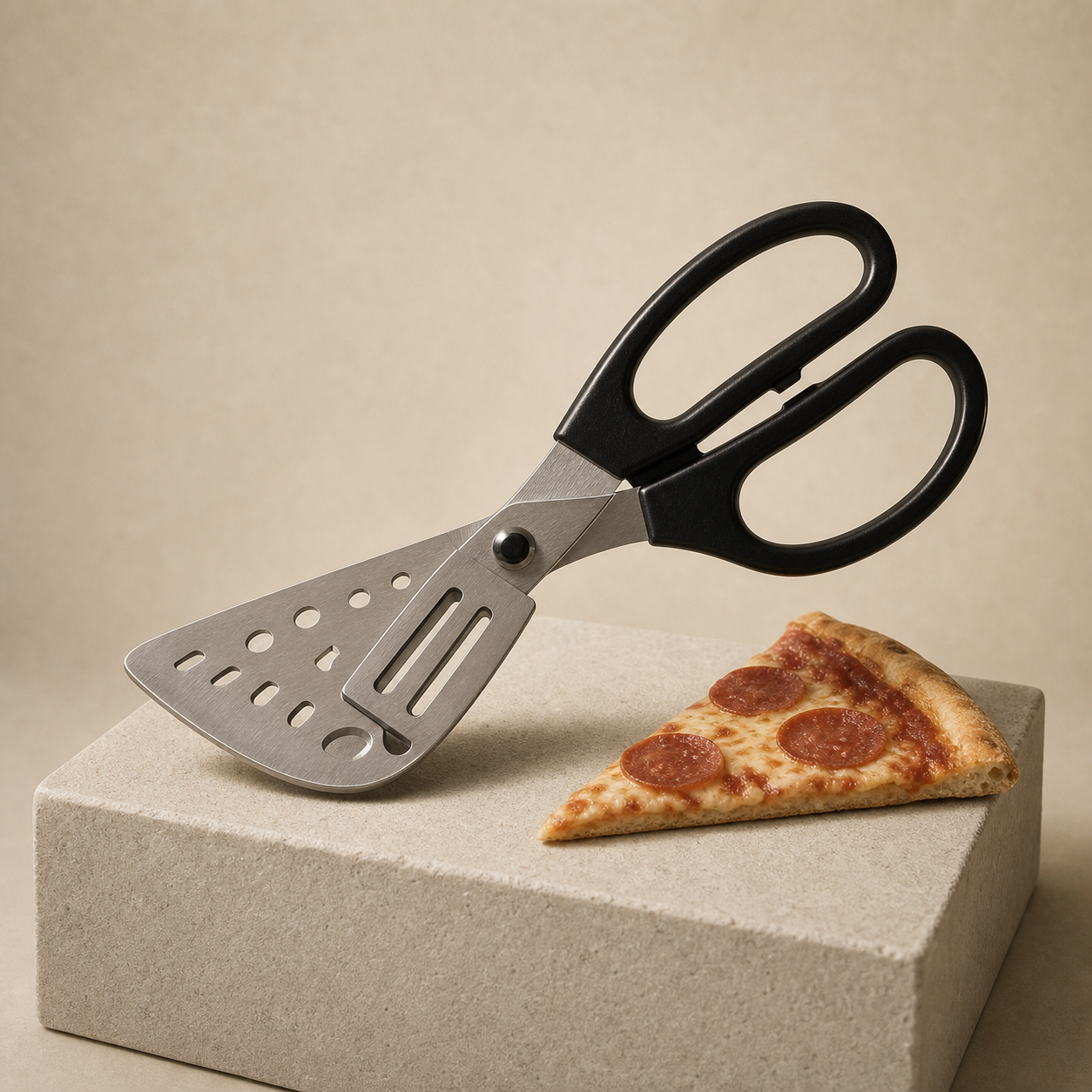Pizza scissors displayed as an overbuilt slicing tool.