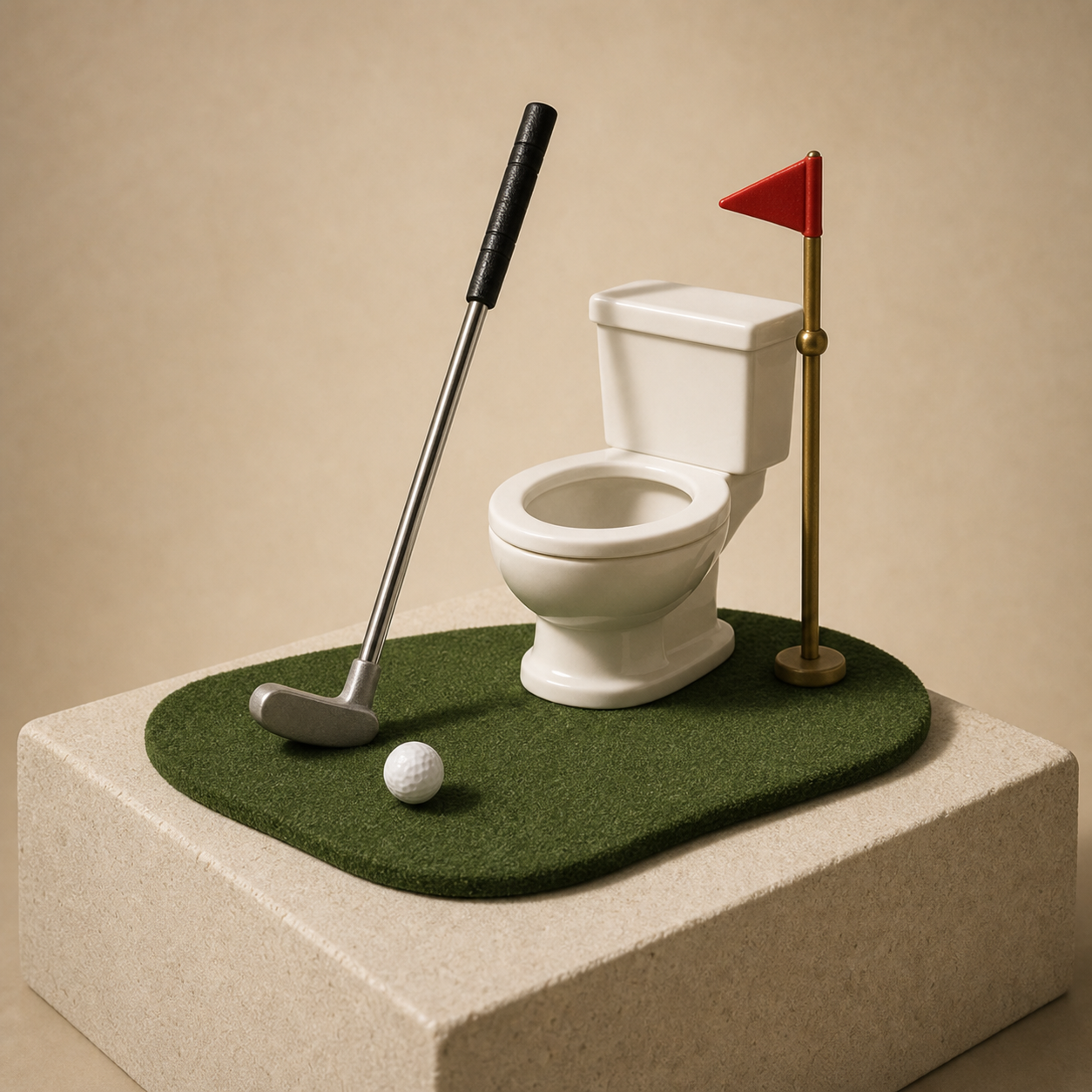 Toilet golf putting set arranged on a restroom-green plinth.
