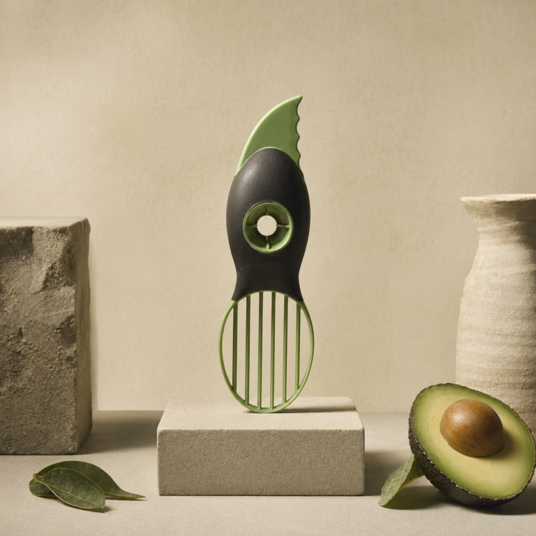 Avocado Slicer with Three Hidden Risks photographed as a premium museum object on a warm ivory plinth.