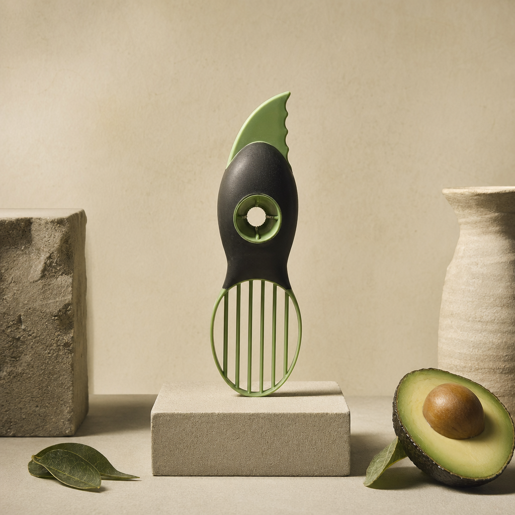Avocado Slicer with Three Hidden Risks photographed as a premium museum object on a warm ivory plinth.