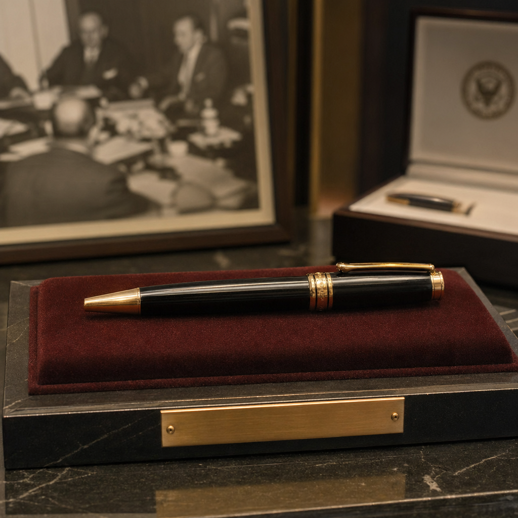 Commemorative Pen from a Meeting Everyone Forgot photographed as a premium museum object on a warm ivory plinth.