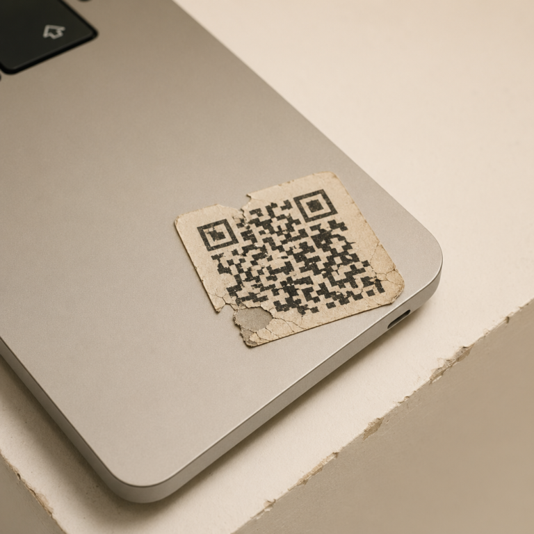 QR Code Sticker Leading to a Dead Landing Page photographed as a premium museum object on a warm ivory plinth.