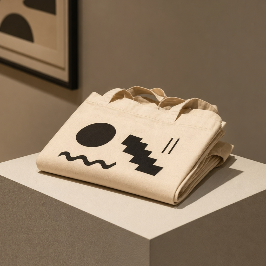 Branded Tote Bag from an Event No One Attended photographed as a premium museum object on a warm ivory plinth.