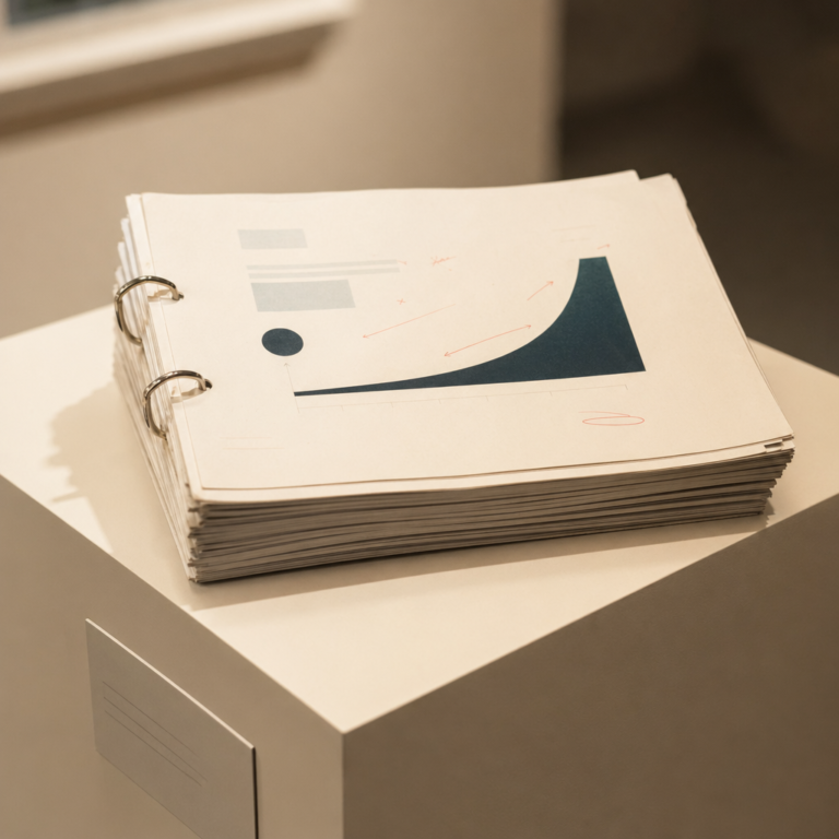 Startup Pitch Deck Printed After the Startup Folded photographed as a premium museum object on a warm ivory plinth.