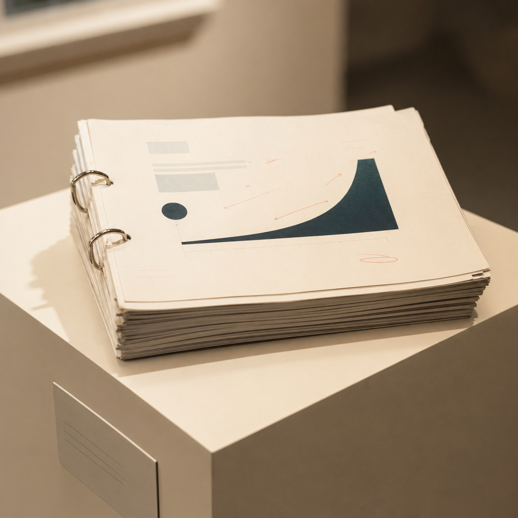 Startup Pitch Deck Printed After the Startup Folded photographed as a premium museum object on a warm ivory plinth.