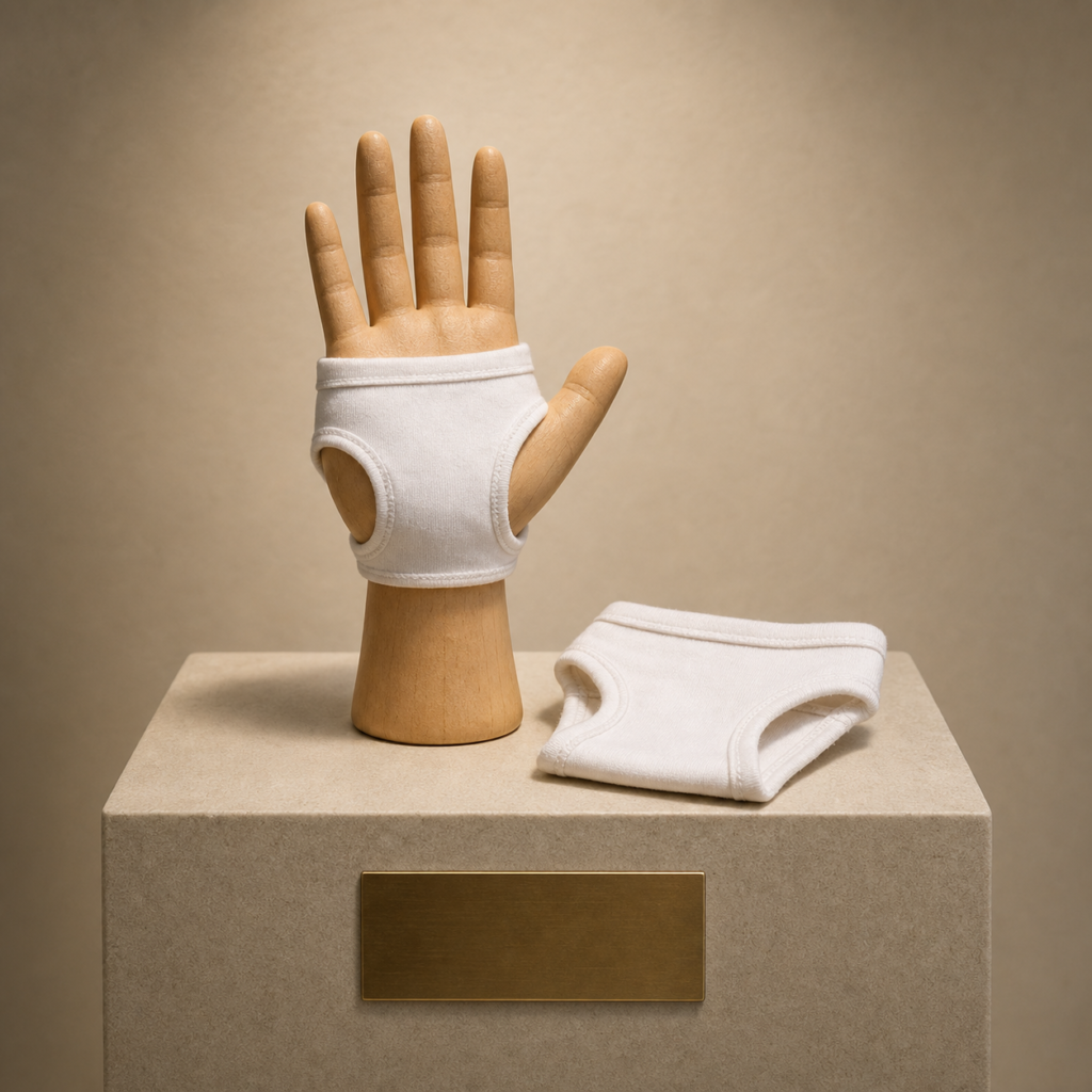 Hand-shaped novelty garments displayed as a questionable gift artifact.