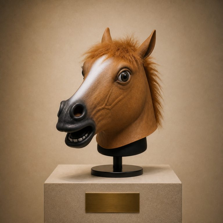 A novelty horse head mask interpreted as a museum object on a warm plinth.