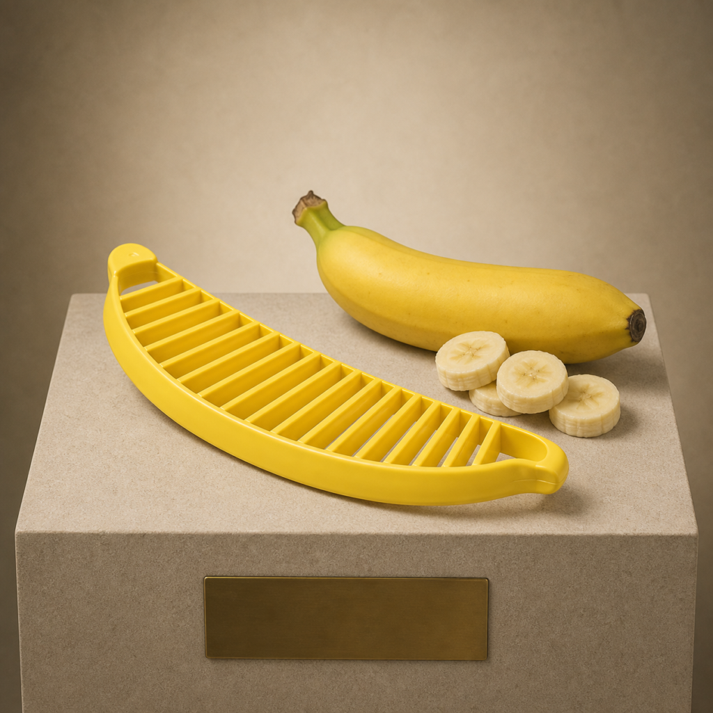 A banana slicer treated as a serious museum artifact on a warm ivory plinth.