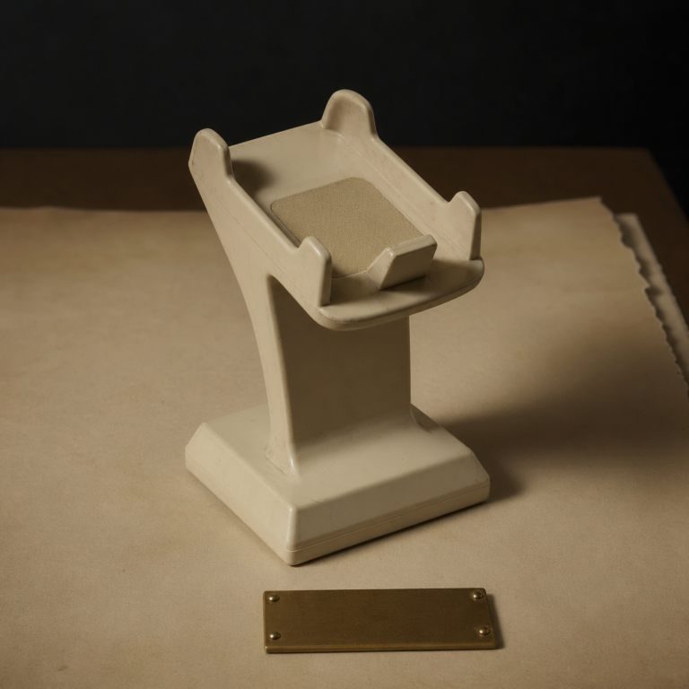 Phone Stand for a Phone Nobody Owns photographed as a premium museum object on a warm ivory plinth.