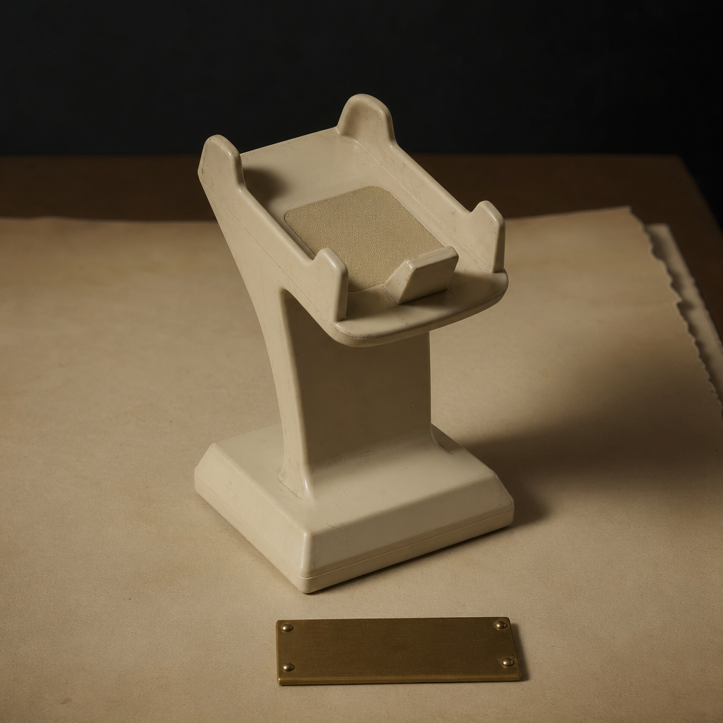 Phone Stand for a Phone Nobody Owns photographed as a premium museum object on a warm ivory plinth.