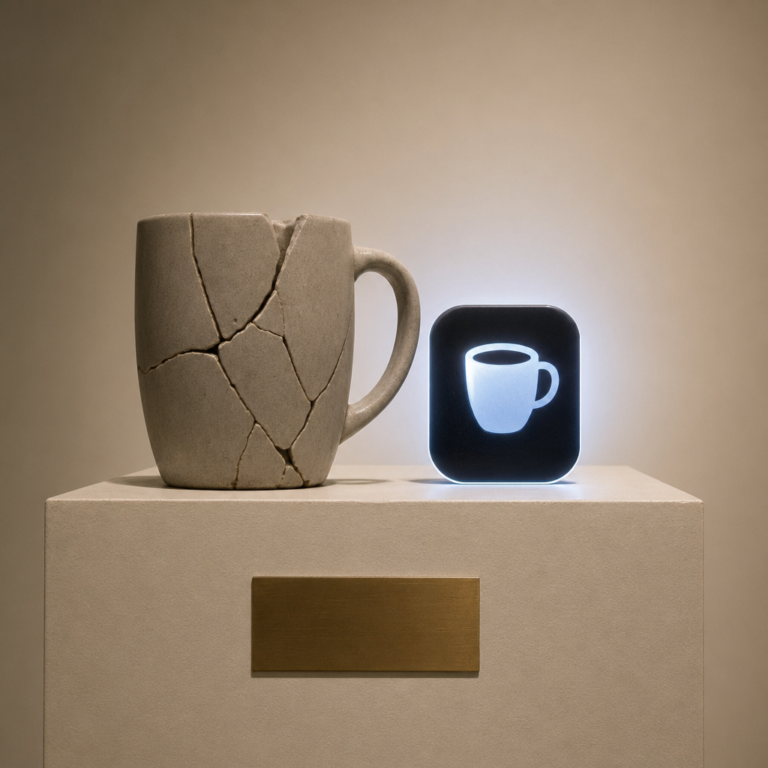 Smart Mug App That Outlived the Mug photographed as a premium museum object on a warm ivory plinth.