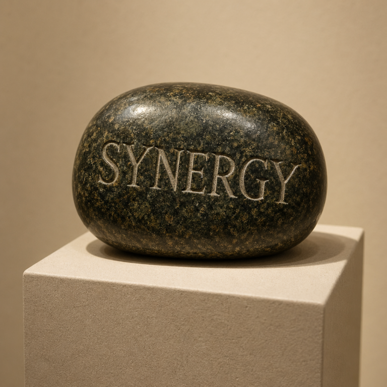 Motivational Desk Rock: Synergy Edition photographed as a premium museum object on a warm ivory plinth.