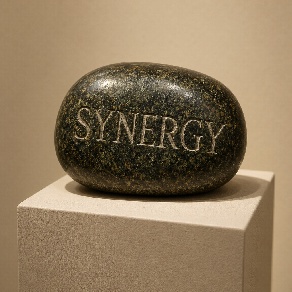 Motivational Desk Rock: Synergy Edition photographed as a premium museum object on a warm ivory plinth.