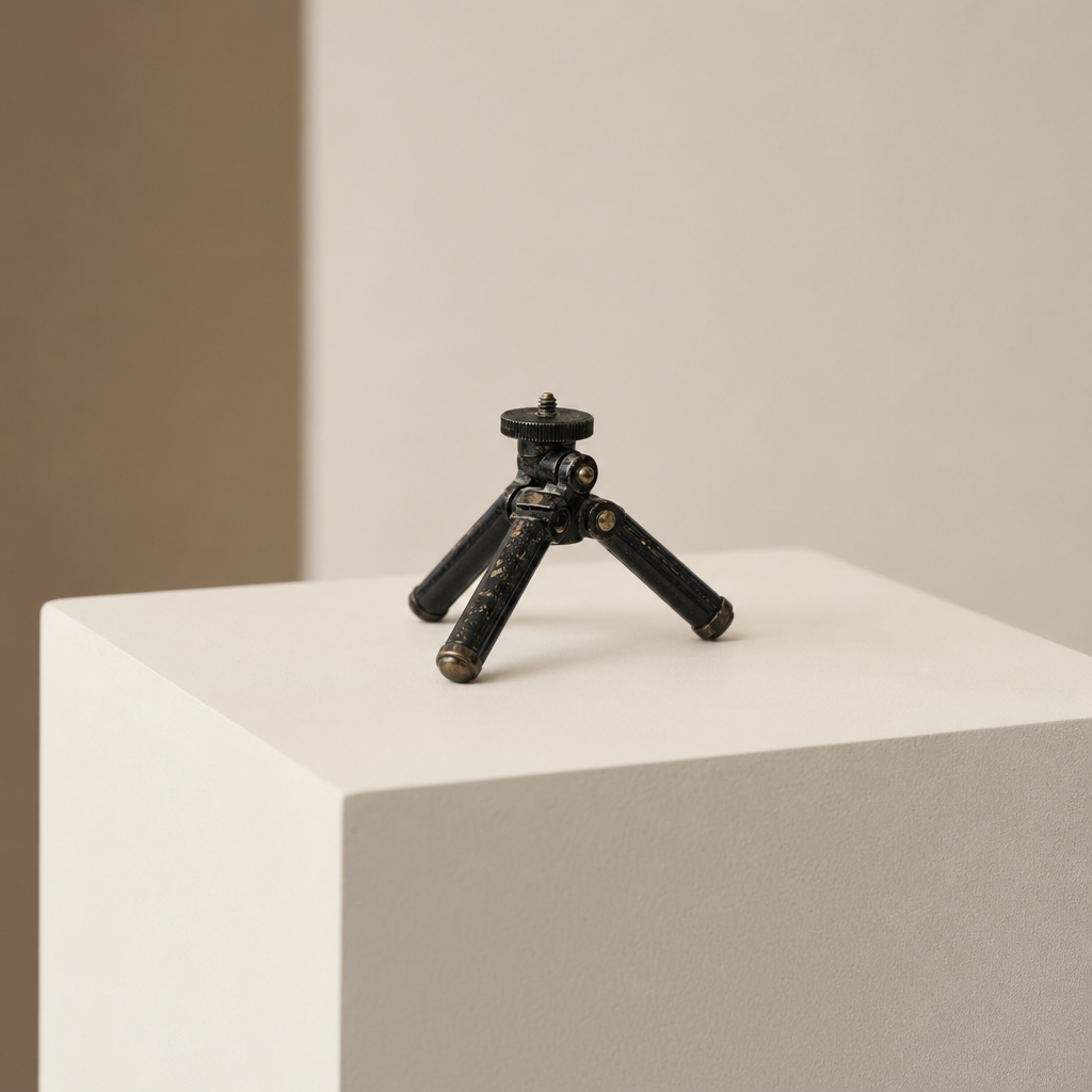 Tiny Tripod That Confidently Supports Nothing photographed as a premium museum object on a warm ivory plinth.