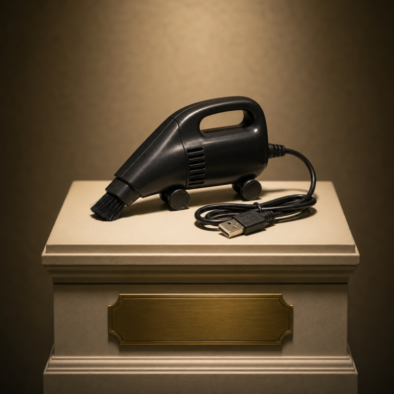 The USB Desk Vacuum of Limited Ambition photographed as a premium museum object on a warm ivory plinth.