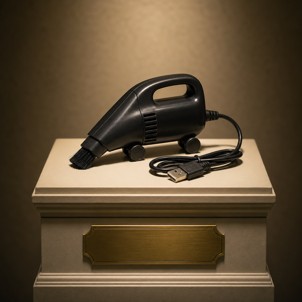 The USB Desk Vacuum of Limited Ambition photographed as a premium museum object on a warm ivory plinth.