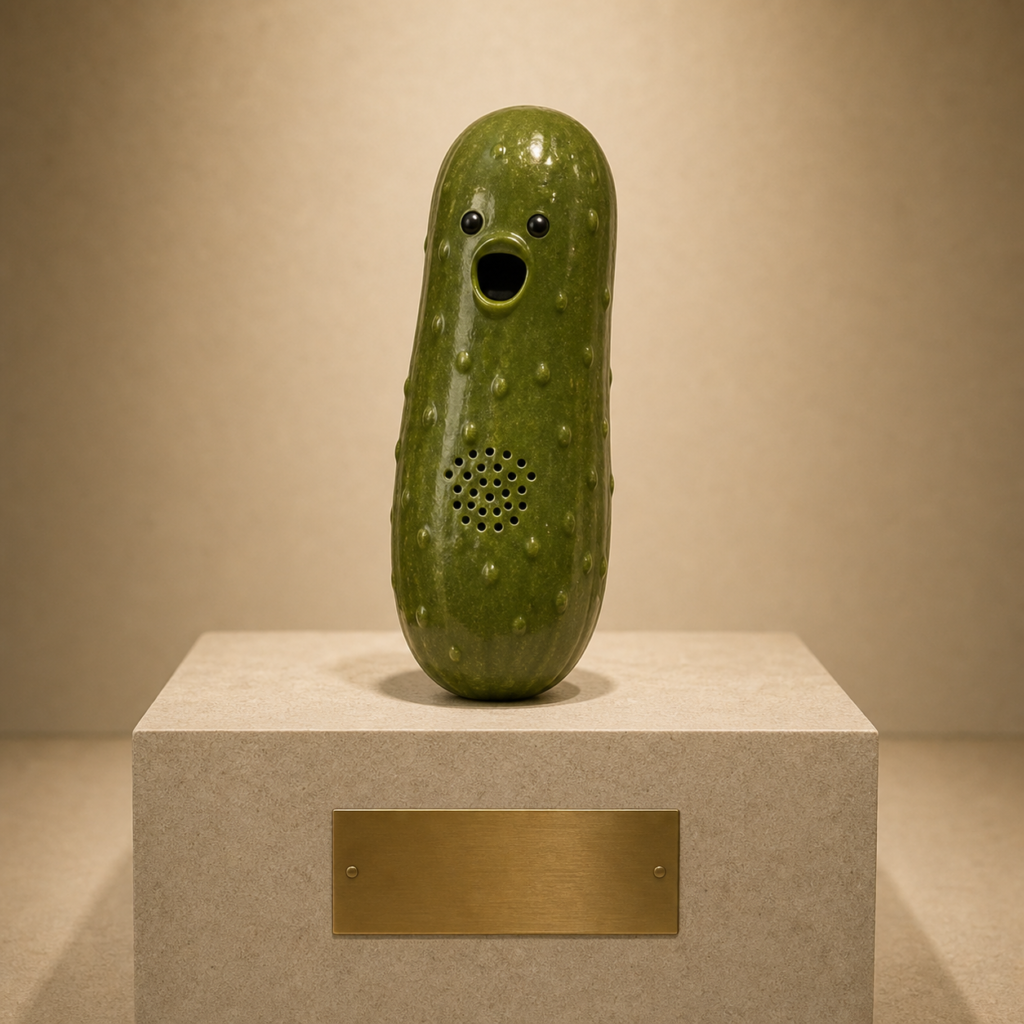 A yodeling pickle presented as a solemn novelty artifact under museum lighting.