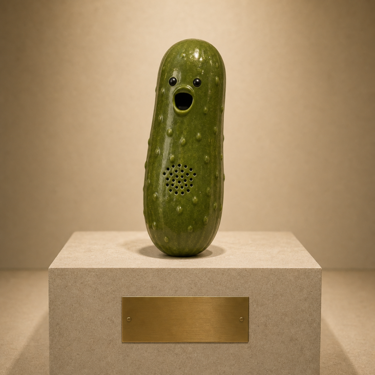 A yodeling pickle presented as a solemn novelty artifact under museum lighting.